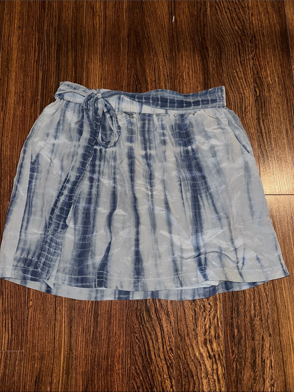 SILK Light Blue Tie-Dye Mini Skirt with Waist Tie